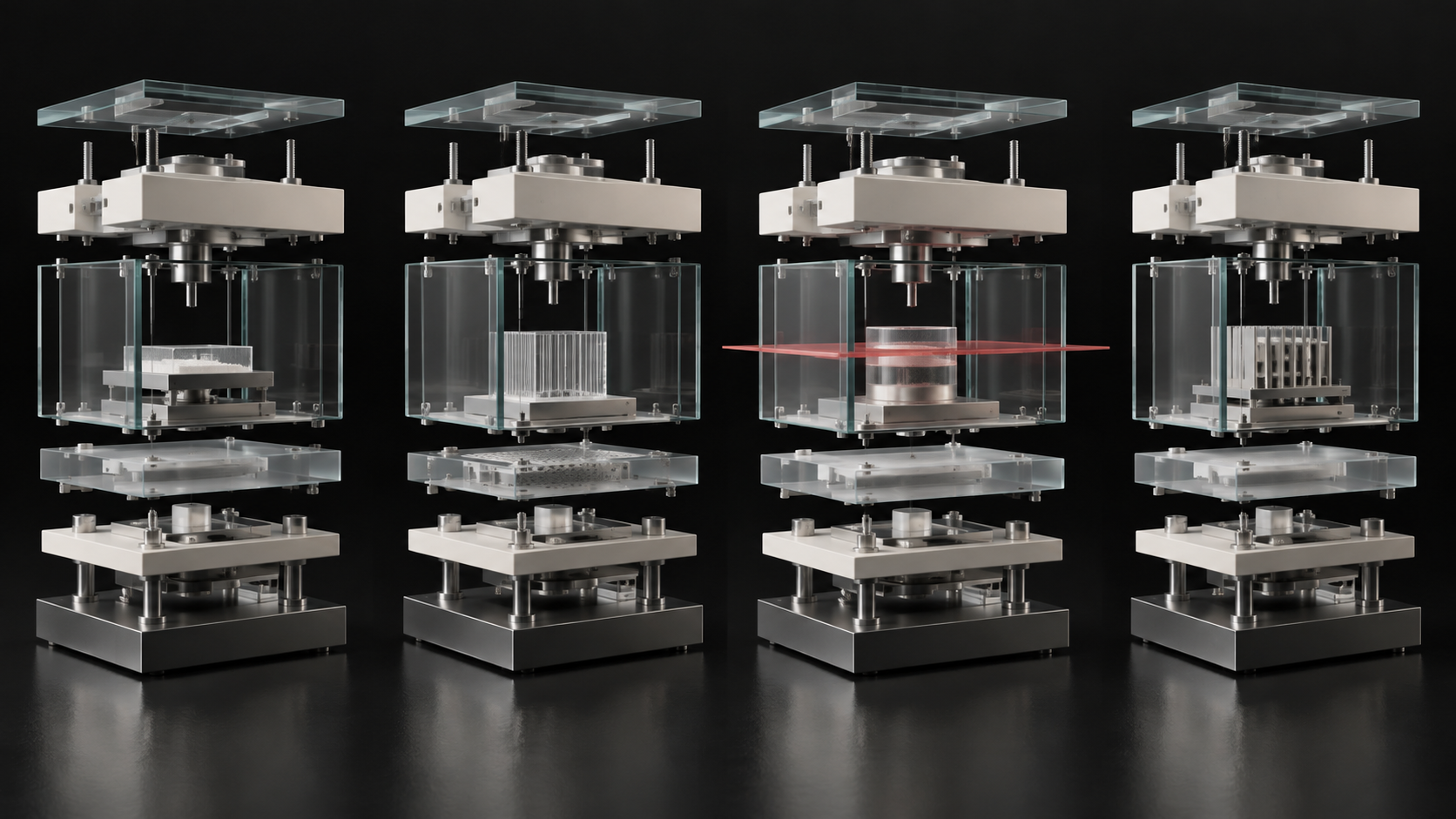Four glass test fixtures in a row on a dark bench, one holding a red reference plane