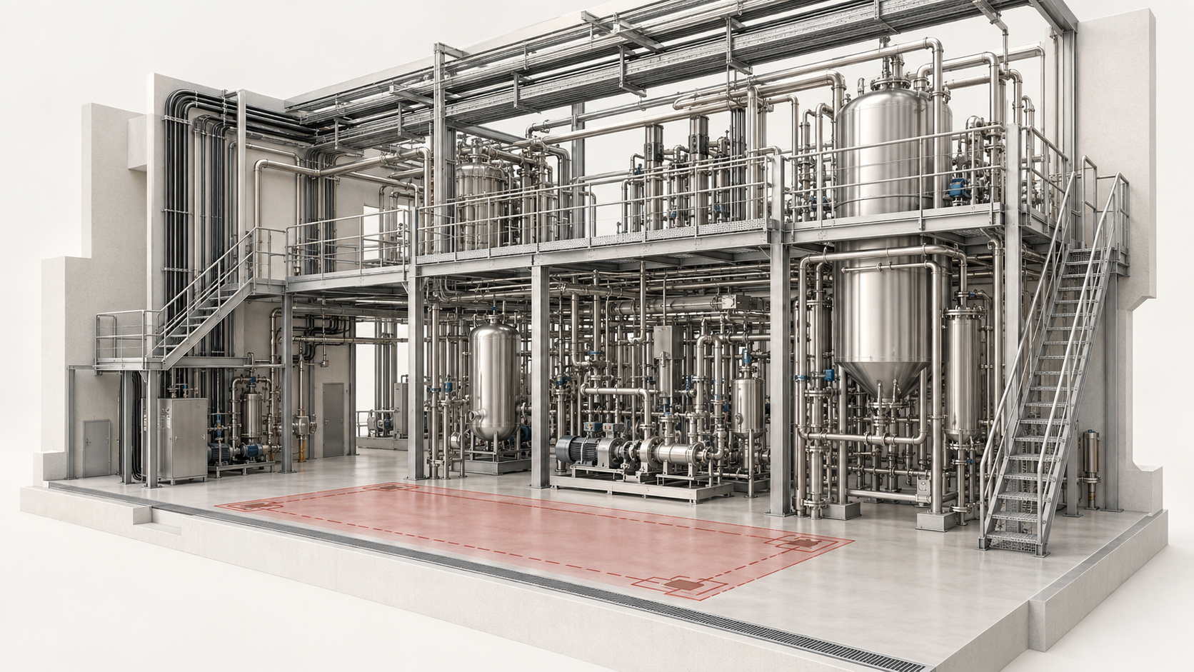 Cutaway of a stainless process module with overhead services and a red footprint marked on the floor