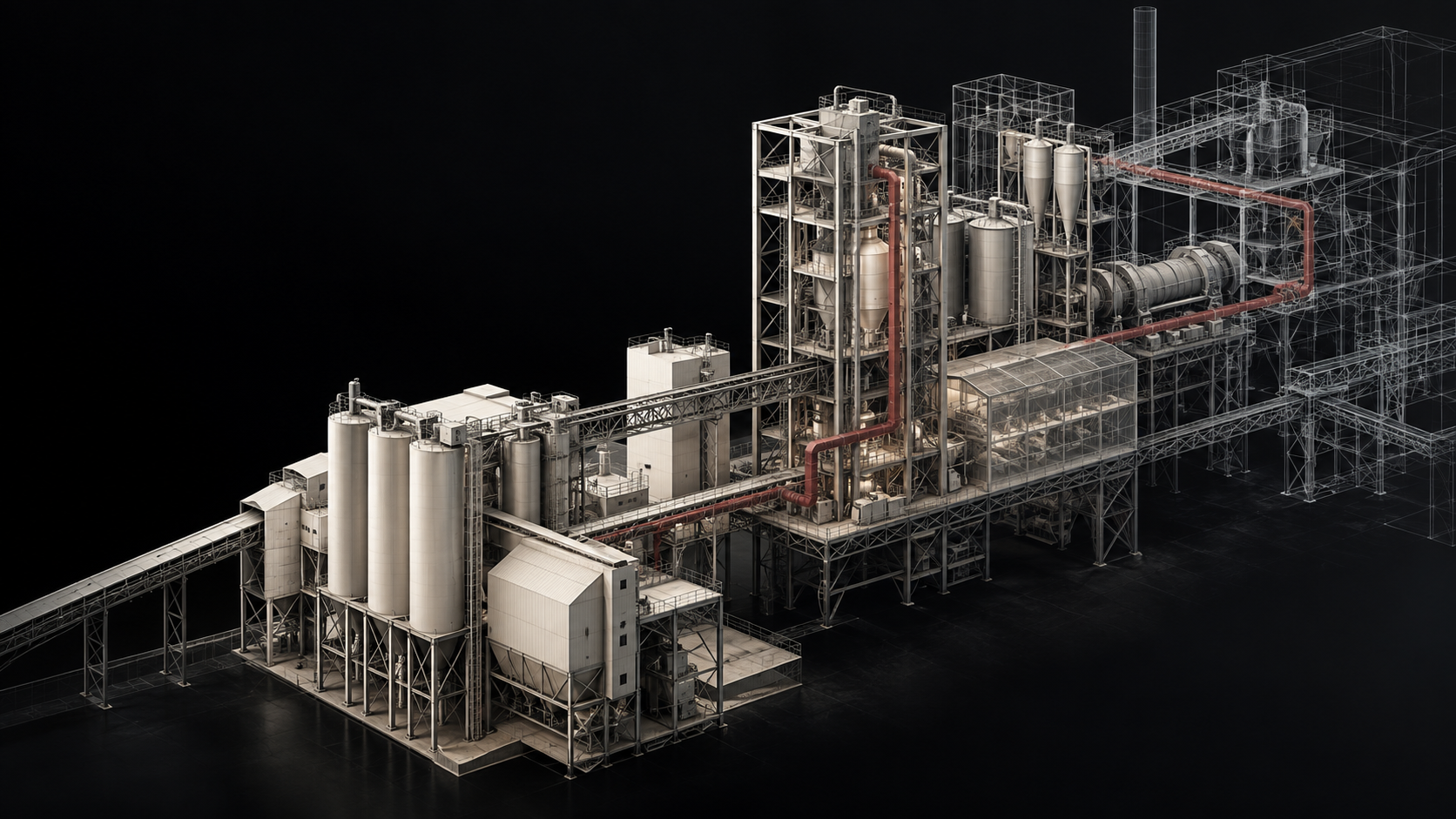A manufacturing assembly rising from a dark field, solid at the left and wireframe at the right, with one red utility route running through it