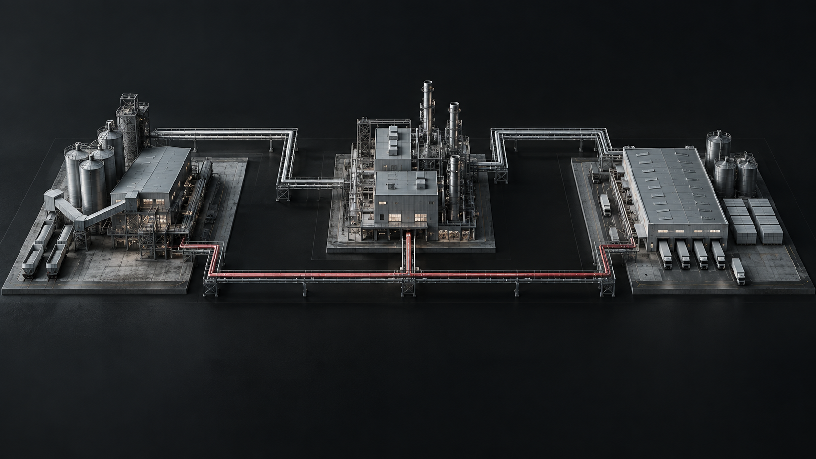 Three connected plants on a dark field, joined by pipe racks with one red route between them