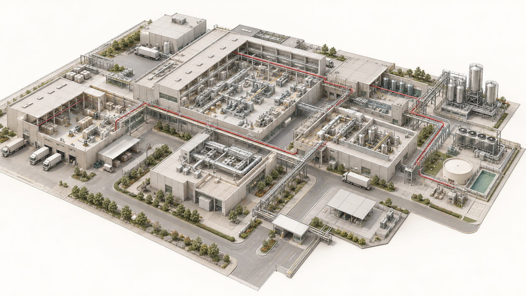 A manufacturing campus drawn from above with the roofs removed and one red utility route running between the buildings