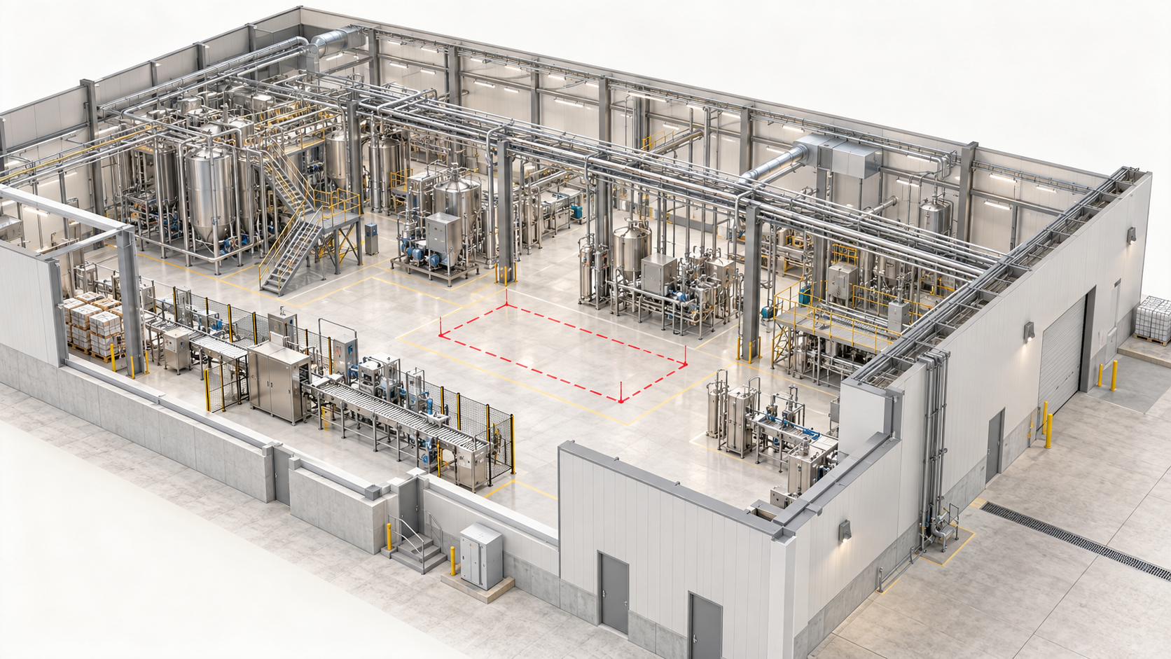 A production hall seen from above with a red dashed rectangle marking a proposed equipment position between existing lines