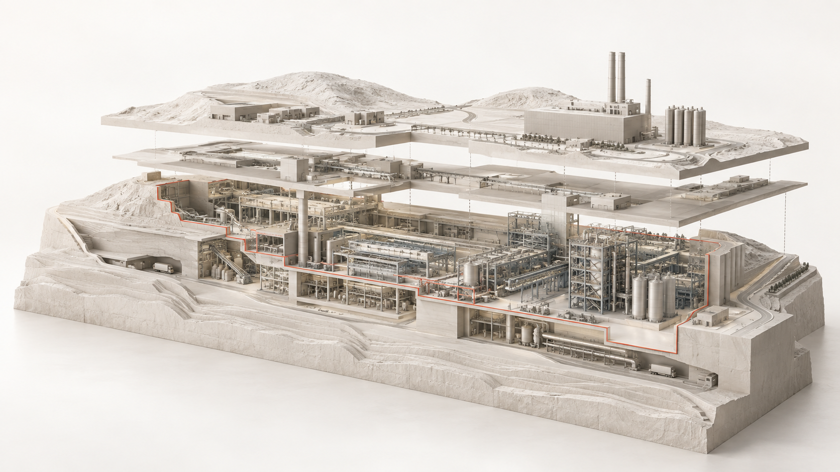 A sectioned model of a manufacturing campus with the terrain, the buildings and the process levels lifted apart, one area outlined in red